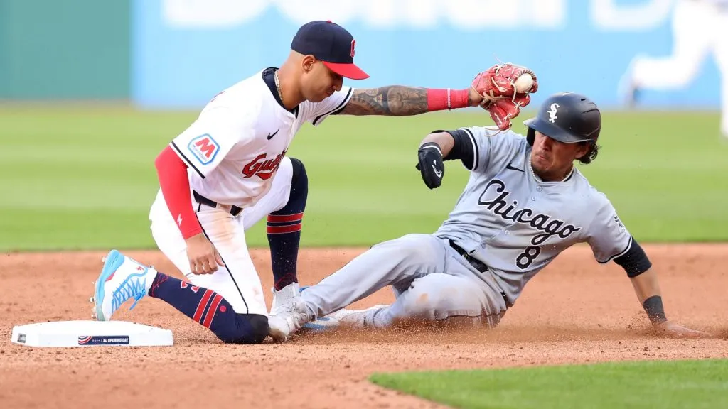 Brayan Rocchio #4 of the Cleveland Guardians touches second for an out against Nicky Lopez #8 of the Chicago White Sox in the top of the seventh inning at Progressive Field on April 08, 2024. (Source: Mike Lawrie/Getty Images)