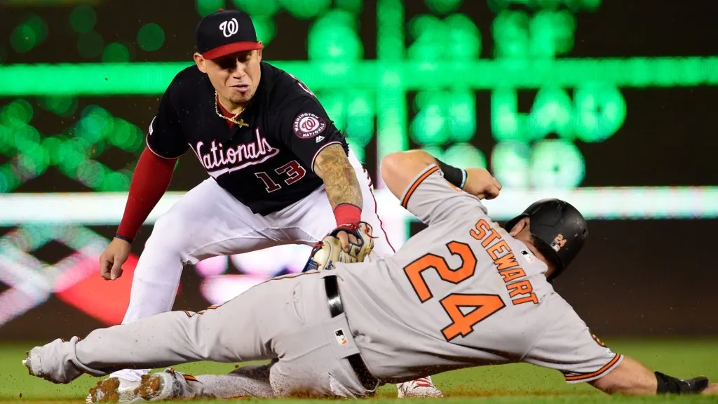 Asdrubal Cabrera of the Washington Nationals tags DJ Stewart of the Baltimore Orioles out at second base as he turns a double play in the eighth inning during the interleague game in 2019. (Source: Patrick McDermott/Getty Images)