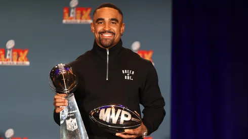 Jalen Hurts with the Super Bowl LIX MVP award.