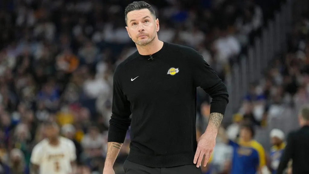 Head coach JJ Redick of the Los Angeles Lakers looks on against the Golden State Warriors during the first half at Chase Center. (Thearon W. Henderson/Getty Images)