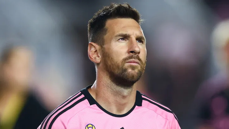 Lionel Messi #10 of Inter Miami looks on prior to a game against the Charlotte FC at Chase Stadium.