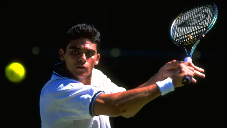 Mark Philippoussis of Australia in action during day five of the championships played at the All England Club in Wimbledon.