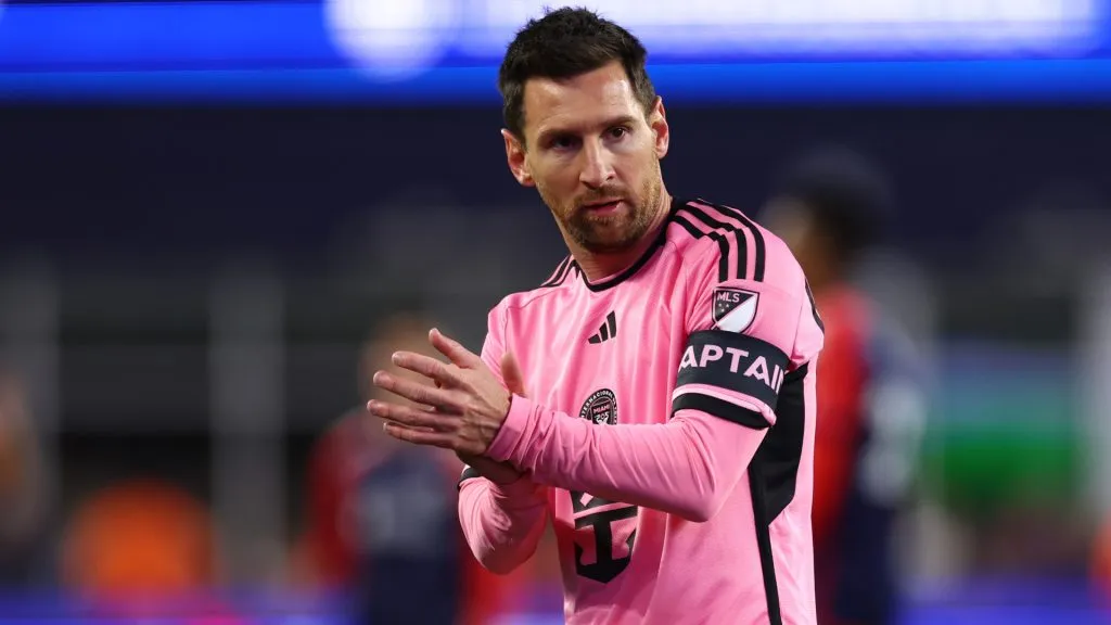 Lionel Messi #10 of Inter Miami reacts in the game against the New England Revolution during the first half.