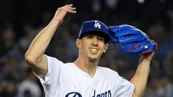 Walker Buehler reacts after retiring the side on a strike out during the seventh inning against the Boston Red Sox in Game Three of the 2018 World Series at Dodger Stadium.