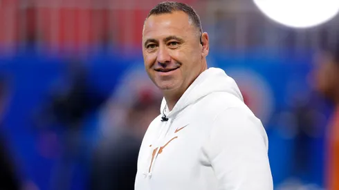 Head coach Steve Sarkisian of the Texas Longhorns reacts on the field prior to the Chick-fil-A Peach Bowl against the Arizona State Sun Devils at Mercedes-Benz Stadium on January 01, 2025 in Atlanta, Georgia.