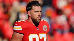 Travis Kelce #87 of the Kansas City Chiefs warms up prior to the game against the Las Vegas Raiders at GEHA Field at Arrowhead Stadium on November 29, 2024 in Kansas City, Missouri.