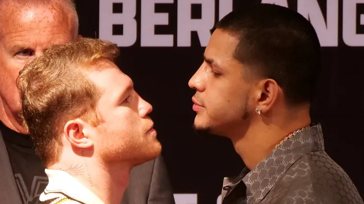 Canelo Alvarez and Edgar Berlanga face off during a press conference to promote their September 14th fight at The Beverly Hills Hotel – Crystal Ballroom on August 06, 2024 in Beverly Hills, California.