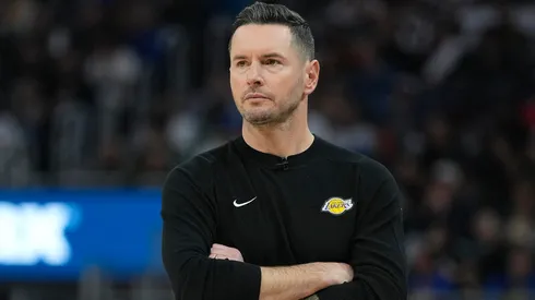 Head coach JJ Redick of the Los Angeles Lakers looks on against the Golden State Warriors during the first half at Chase Center.