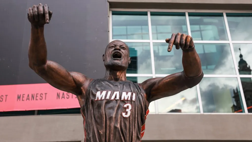 Dwyane Wade’s statue, the first in Miami Heat history, outside of the Kaseya Center.