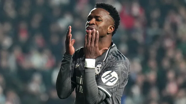 Vinicius Junior of Real Madrid reacts to a missed chance during the LaLiga EA Sports match between Rayo Vallecano and Real Madrid.