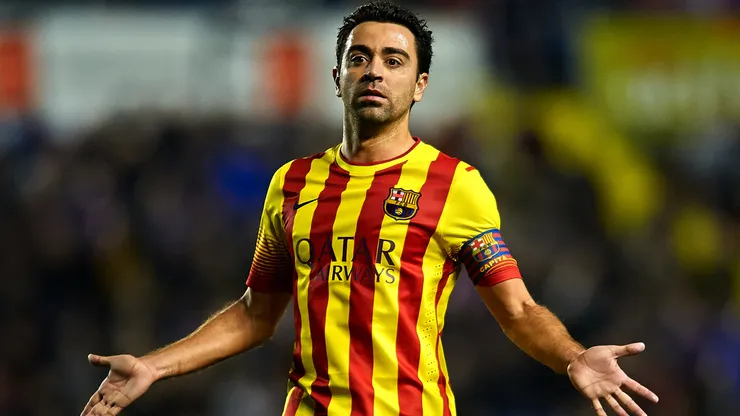 Xavi Hernandez of Barcelona reacts during the la Liga match between Levante UD and FC Barcelona.