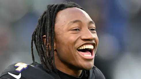 Zay Flowers #4 of the Baltimore Ravens reacts prior to a game against the Philadelphia Eagles at M&T Bank Stadium on December 01, 2024 in Baltimore, Maryland.