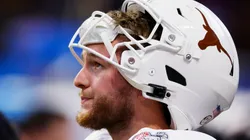 Quinn Ewers #3 of the Texas Longhorns looks on prior to the Chick-fil-A Peach Bowl against the Arizona State Sun Devils at Mercedes-Benz Stadium on January 01, 2025 in Atlanta, Georgia.