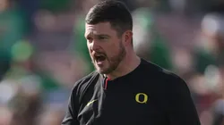head coach Dan Lanning of the Oregon Ducks looks on during warm ups prior to the game against the Ohio State Buckeyes during the Rose Bowl Game Presented by Prudential at Rose Bowl Stadium on January 01, 2025 in Pasadena, California.
