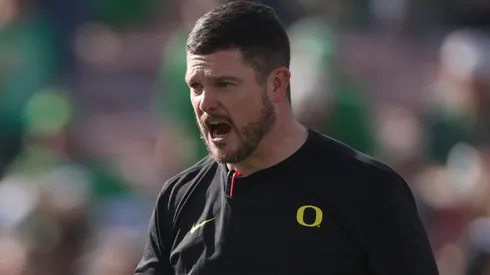 head coach Dan Lanning of the Oregon Ducks looks on during warm ups prior to the game against the Ohio State Buckeyes during the Rose Bowl Game Presented by Prudential at Rose Bowl Stadium on January 01, 2025 in Pasadena, California.
