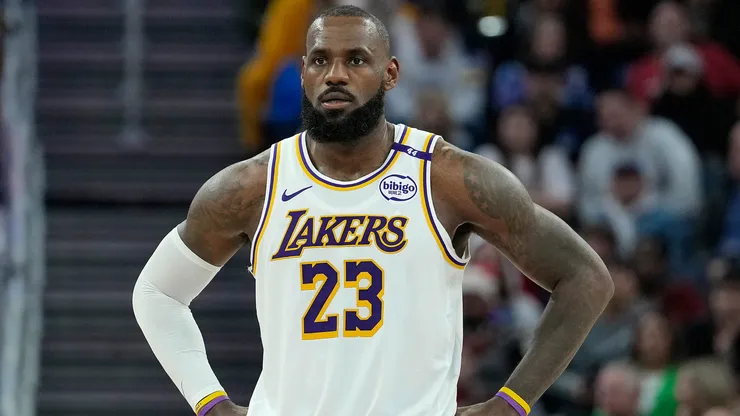 LeBron James #23 of the Los Angeles Lakers looks on against the Golden State Warriors during the first half at Chase Center.