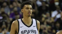 Victor Wembanyama #1 of the San Antonio Spurs dribbles the ball during the second quarter against the Charlotte Hornets