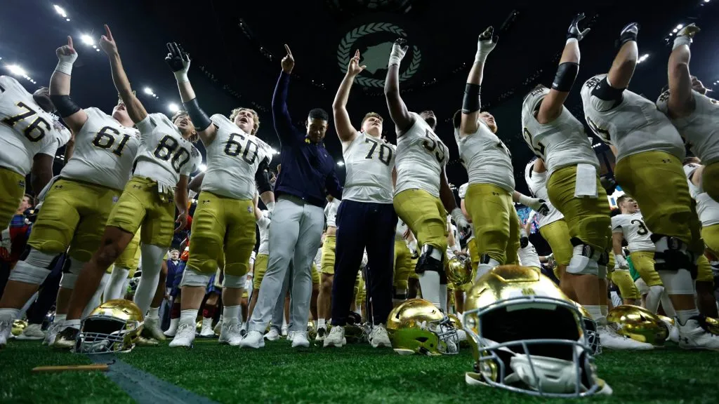 The Notre Dame Fighting Irish celebrate after a 23-10 victory against the Georgia Bulldogs during the 91st Allstate Sugar Bowl at Caesars Superdome on January 02, 2025 in New Orleans, Louisiana.