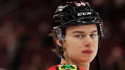 Connor Bedard #98 of the Chicago Blackhawks warms up prior to the game against the Columbus Blue Jackets at the United Center on December 01, 2024 in Chicago, Illinois.