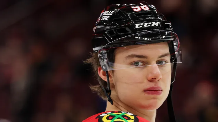 Connor Bedard #98 of the Chicago Blackhawks warms up prior to the game against the Columbus Blue Jackets at the United Center on December 01, 2024 in Chicago, Illinois.