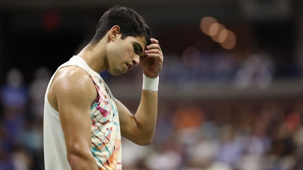 Carlos Alcaraz of Spain reacts after a point against Daniil Medvedev of Russia during a US Open match. (Elsa/Getty Images)