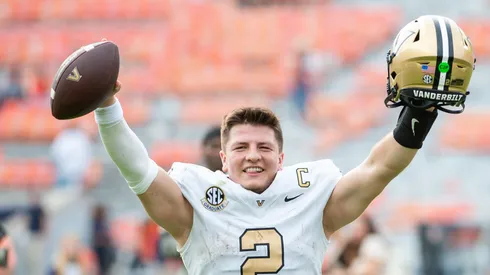 Quarterback Diego Pavia #2 of the Vanderbilt Commodores celebrates after defeating the Auburn Tigers at Jordan-Hare Stadium on November 02, 2024 in Auburn, Alabama.