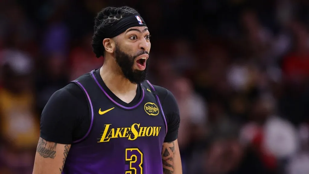 Anthony Davis #3 of the Los Angeles Lakers reacts during action against the Houston Rockets during the second half.