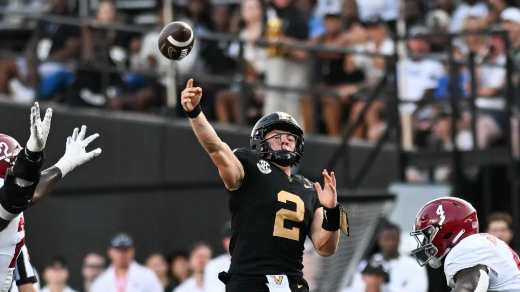 Diego Pavia #2 of the Vanderbilt Commodores throws the ball against the Alabama Crimson Tide in the second half at FirstBank Stadium on October 5, 2024 in Nashville, Tennessee.