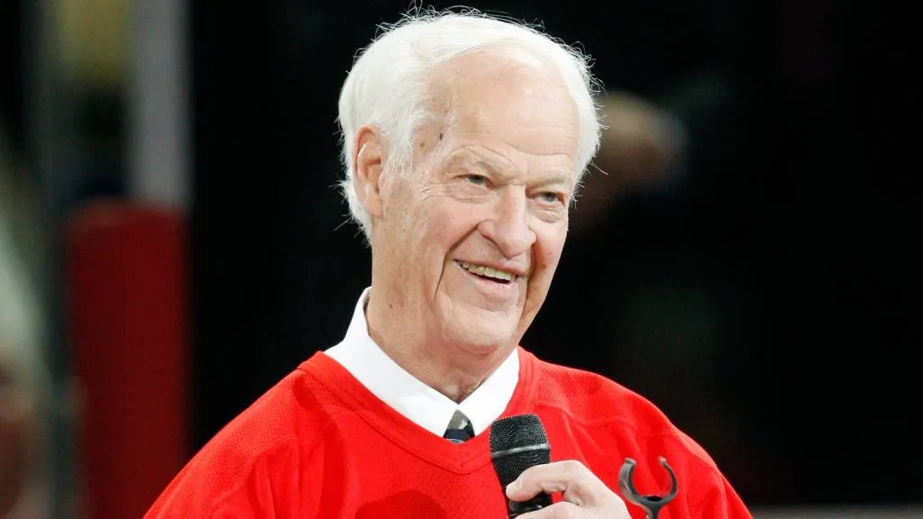 Gordie Howe speaks to fans during the Centennial Celebration ceremonies prior to the NHL game between the Montreal Canadiens and Boston Bruins on December 4, 2009 at the Bell Centre in Montreal, Quebec, Canada.