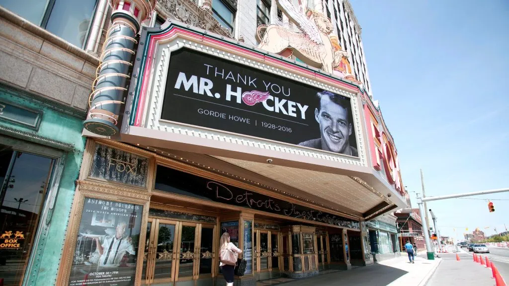 The marquis at the Fox Theater in Detroit, Michigan proclaims, “THANK YOU MR. HOCKEY” to honor hockey legend Gordie Howe’s death June 10, 2016 in Detroit, Michigan.