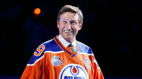Former Edmonton Oilers forward Wayne Gretzky greets fans during the closing ceremonies at Rexall Place following the game between the Edmonton Oilers and the Vancouver Canucks on April 6, 2016 at Rexall Place in Edmonton, Alberta, Canada.