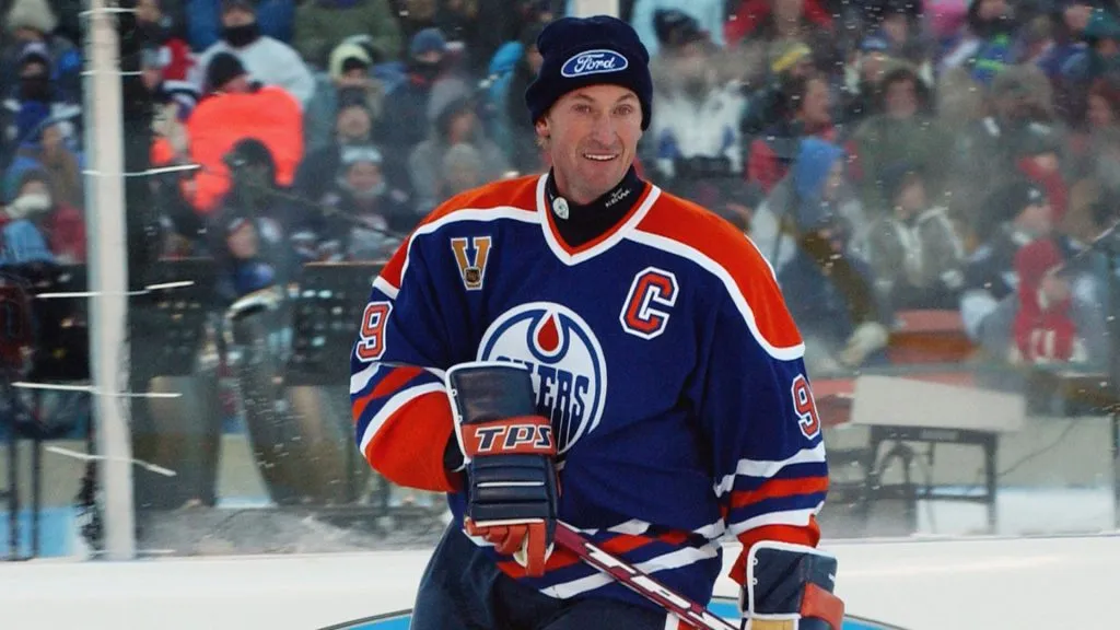 Wayne Gretzky #99 of the Edmonton Oilers watches the play from the wing against the Montreal Canadiens during the Molson Canadien Heritage Classic on November 22, 2003 at Commonwealth Stadium in Edmonton, Canada.
