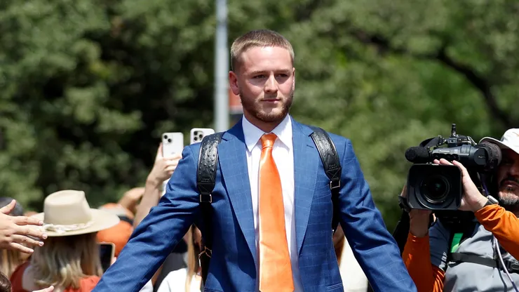 Quinn Ewers #3 of the Texas Longhorns arrives prior to the game against the Rice Owls at Darrell K Royal-Texas Memorial Stadium on September 02, 2023 in Austin, Texas.