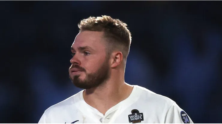 Gavin Lux #9 of the Los Angeles Dodgers reacts after grounding out in the seventh inning against the New York Yankees during Game One of the 2024 World Series at Dodger Stadium on October 25, 2024 in Los Angeles, California. (Photo by Harry How/Getty Images)