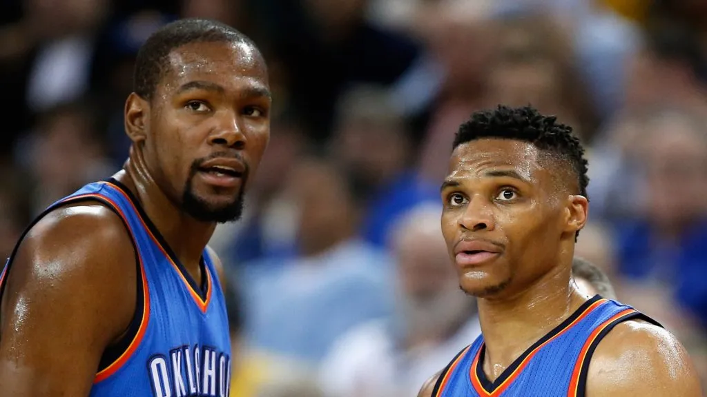 Kevin Durant #35 and Russell Westbrook #0 of the Oklahoma City Thunder