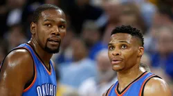 Kevin Durant #35 and Russell Westbrook #0 of the Oklahoma City Thunder