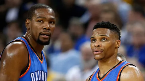 Kevin Durant #35 and Russell Westbrook #0 of the Oklahoma City Thunder
