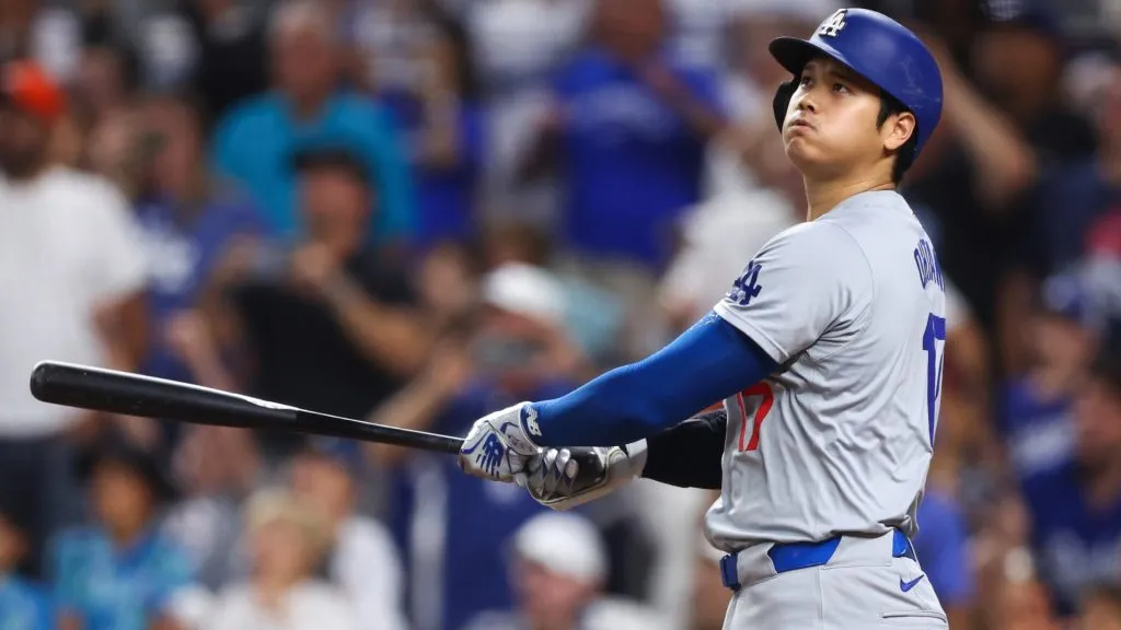 Shohei Ohtani #17 of the Los Angeles Dodgers hits a two-run home run, his 50th of the season, during the seventh inning against the Miami Marlins at loanDepot park on September 19, 2024 in Miami, Florida. Ohtani is now the first MLB player to have at least 50 home runs and 50 stolen bases in the same season. (Photo by Megan Briggs/Getty Images)