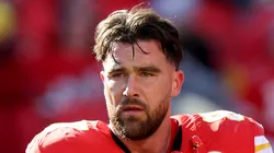 Travis Kelce #87 of the Kansas City Chiefs warms up prior to the game against the Las Vegas Raiders at GEHA Field at Arrowhead Stadium on November 29, 2024 in Kansas City, Missouri.