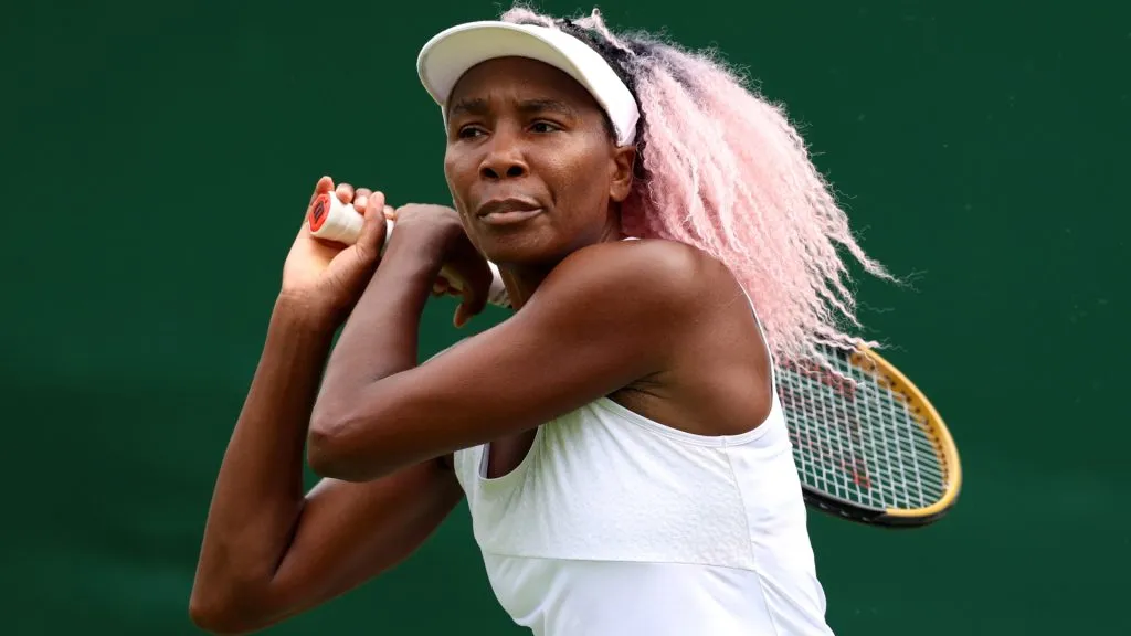 Venus Williams of United States plays a backhand during a practice session ahead of The Championships – Wimbledon 2023 on July 01, 2023. (Source: Clive Brunskill/Getty Images)