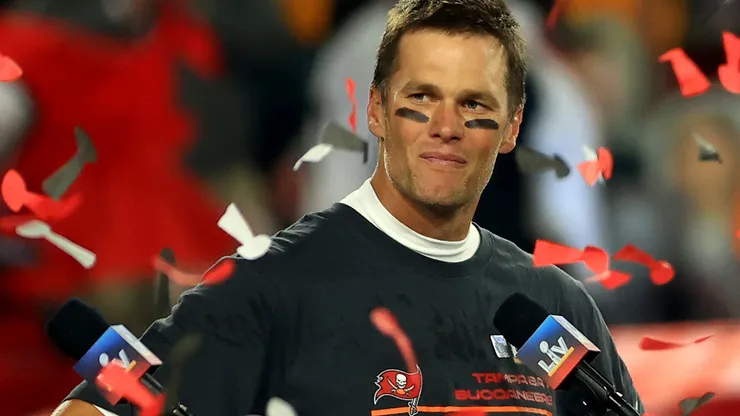 Tom Brady #12 of the Tampa Bay Buccaneers signals after winning Super Bowl LV at Raymond James Stadium on February 07, 2021 in Tampa, Florida.