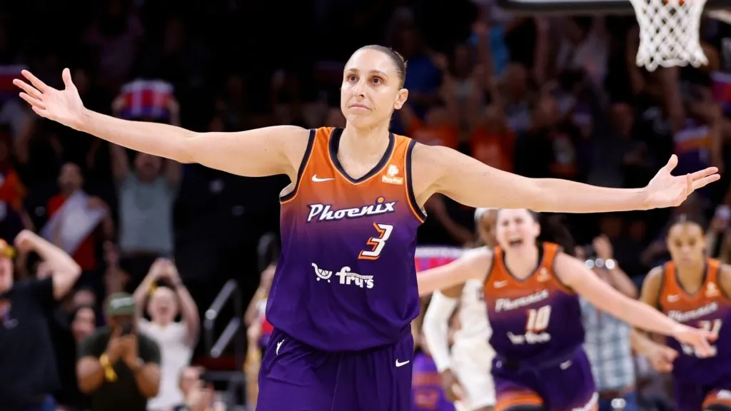 Guard Diana Taurasi #3 of the Phoenix Mercury reacts after scoring her 10,000th career point during the second half against the Atlanta Dream at Footprint Center on August 03, 2023. (Source: Chris Coduto/Getty Images)