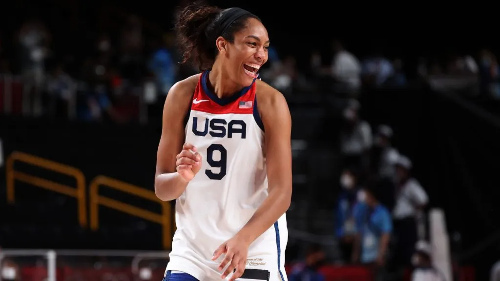 A’Ja Wilson #9 of Team United States celebrates a win over Japan in the Women’s Basketball final game on day sixteen of the 2020 Tokyo Olympic games. (Source: Gregory Shamus/Getty Images)