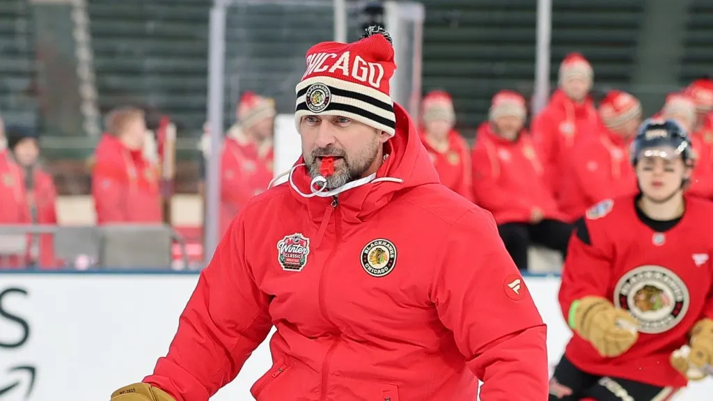 Interim head coach Anders Sorensen of the Chicago Blackhawks looks on during practice prior to the 2024 NHL Winter Classic against the St. Louis Blues at Wrigley Field on December 30, 2024 in Chicago, Illinois.