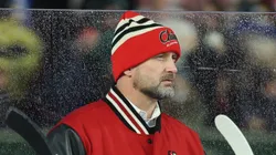 Head coach Anders Sorensen of the Chicago Blackhawks looks on during the first period against the St. Louis Blues during the 2024 NHL Winter Classic at Wrigley Field on December 31, 2024 in Chicago, Illinois.
