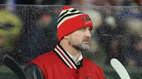 Head coach Anders Sorensen of the Chicago Blackhawks looks on during the first period against the St. Louis Blues during the 2024 NHL Winter Classic at Wrigley Field on December 31, 2024 in Chicago, Illinois.