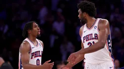 Tyrese Maxey #0 and Joel Embiid #21 of the Philadelphia 76ers talk during the second half against the New York Knicks at Madison Square Garden on April 30, 2024 in New York City.