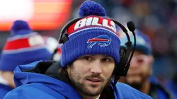 Josh Allen #17 of the Buffalo Bills looks on from the sidelines during the fourth quarter against the New England Patriots at Gillette Stadium on January 05, 2025 in Foxborough, Massachusetts.