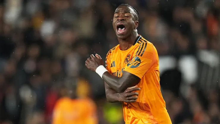 Vinicius Junior of Real Madrid reacts during the LaLiga match between Valencia CF and Real Madrid CF at Estadio Mestalla on January 03, 2025 in Valencia, Spain.