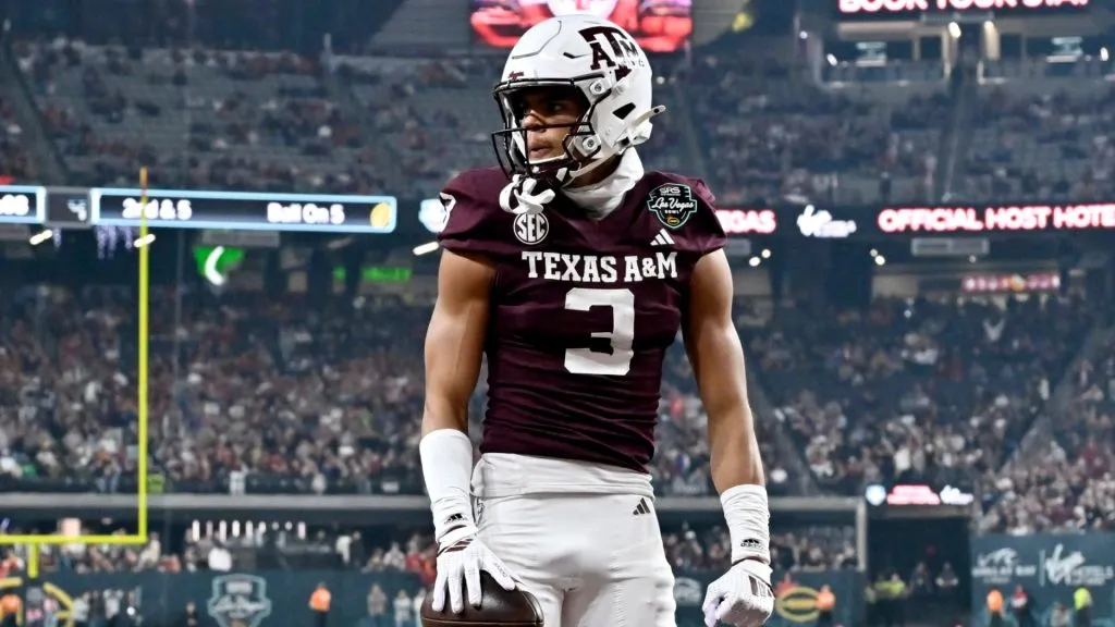 Noah Thomas #3 of the Texas A&amp;M Aggies reacts after scoring a touchdown against the USC Trojans during second half of the SRS Distribution Las Vegas Bowl at Allegiant Stadium on December 27, 2024 in Las Vegas, Nevada. The Trojans defeated the Aggies 35-31.
